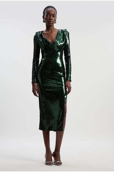 Sequin Plunge Cowl Neck Strong Shoulder Long Sleeve Midi Dress