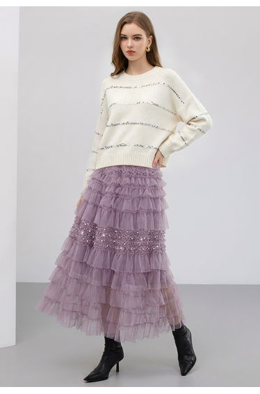 Rhinestone Pearl Embellished Tiered Mesh Maxi Skirt in Mauve for Birthday Dinner & Bridesmaid Occasion