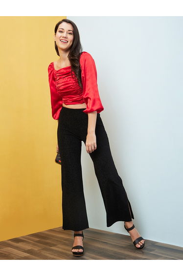 Solid Balloon Sleeves Pleated Detail Crop Top