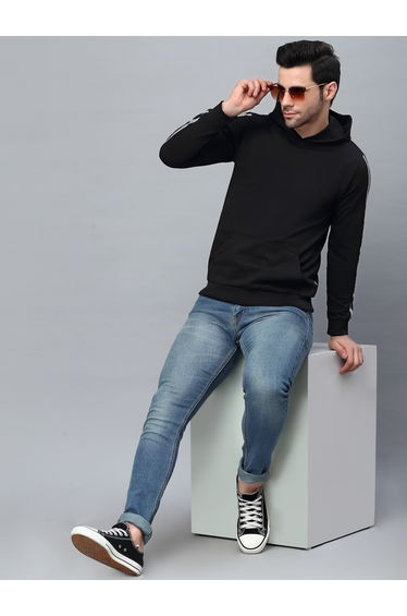 Men Black Fleece Hoodie with Tape Patch