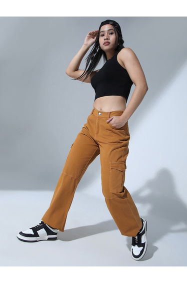 Solid High Rise Cargo Pants