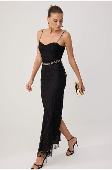 Black Chain Belt Detailed Sweetheart Neckline Shift/Straight Cut Maxi Knitted Evening & Graduation Dress