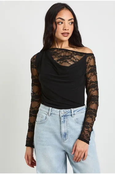 Lace Underlayer Cowl Neck Top - black