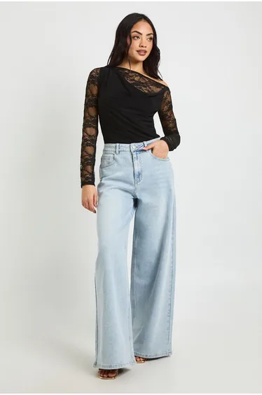 Lace Underlayer Cowl Neck Top - black