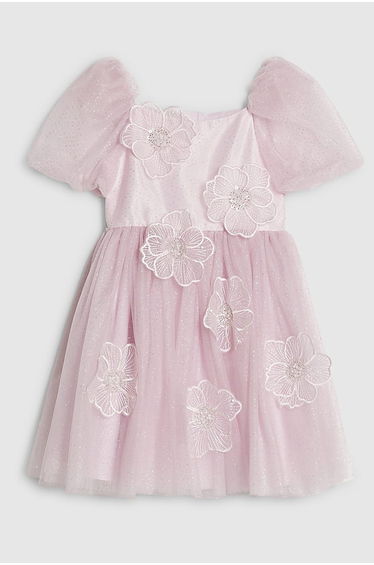 Girls Pink Puff Sleeve Floral Tulle Dress