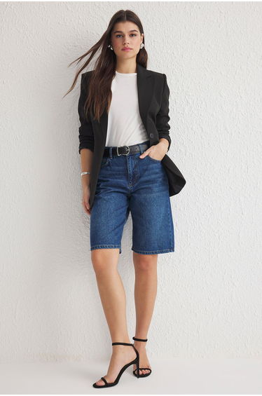 Dark Blue High Waist Denim Bermuda