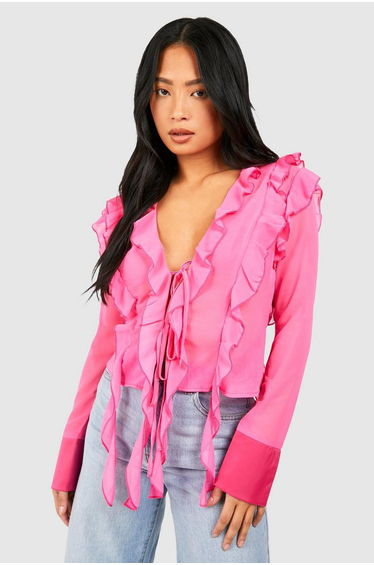 Petite Ruffle Detail Tie Front Top