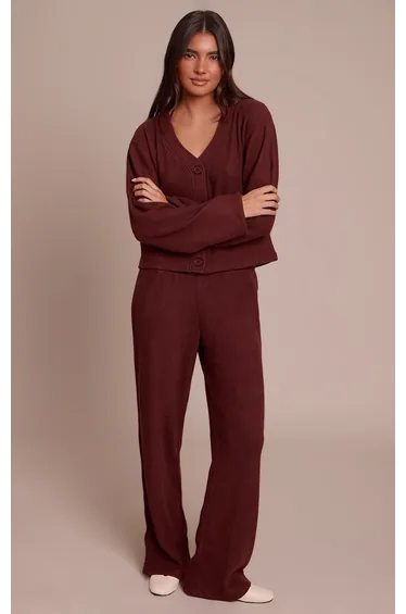 Chocolate Brown Soft Brushed Chunky Rib Wide Leg Trouser