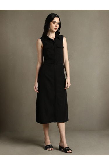 Sleeveless Belted Shirt Midi Dress