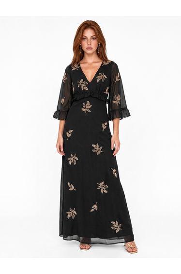 Maya Black Leaf Embellished 3/4 Bell Sleeve Maxi Dress
