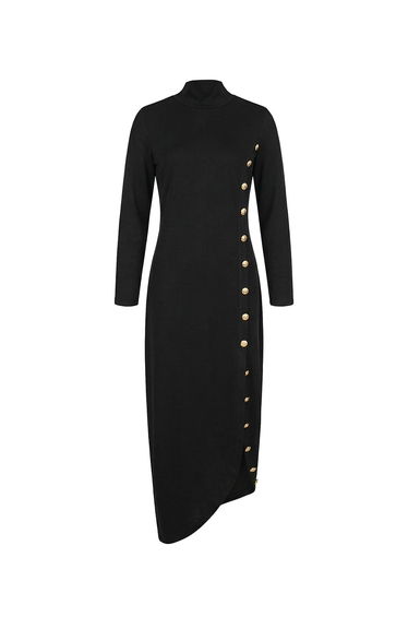 Long Sleeves Loose Asymmetric Buttoned Split-Joint Split-Side Mock Neck Maxi Dresses
