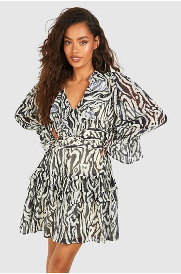 Animal Print Chiffon Ruffle Smock Dress - black
