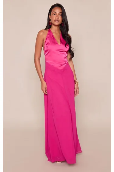 Fuschia Satin Contrast Strappy Maxi Dress