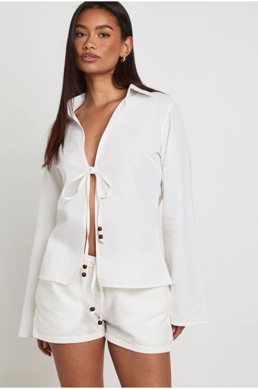 Linen Look Beaded Tie Front Top - natural