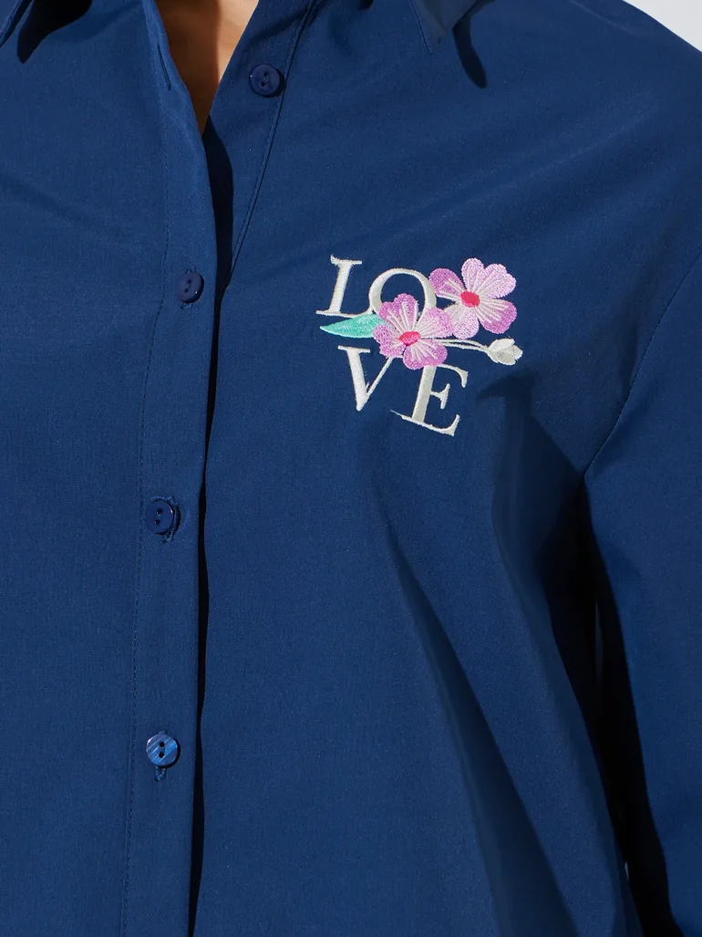Navy Blue Long Sleeve Embroidered Shirt - 3