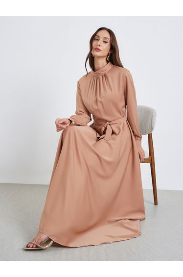 Women Bronze Pleated Detail Tie-up Waist Maxi Dress