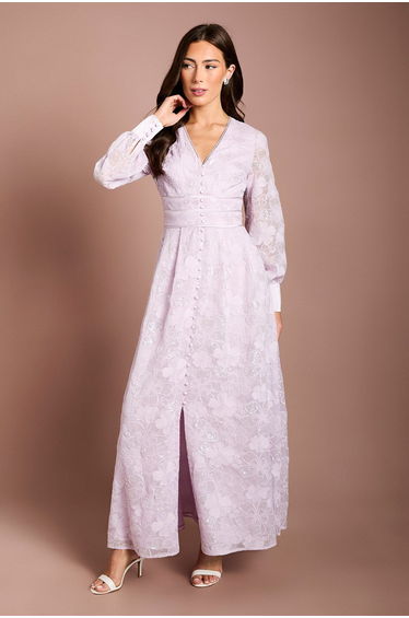 Blouson Sleeve V Neck Sequin Floral Mesh Midaxi Dress