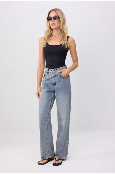 Blue Waist Detailed Regular Waist Wide Leg Jeans