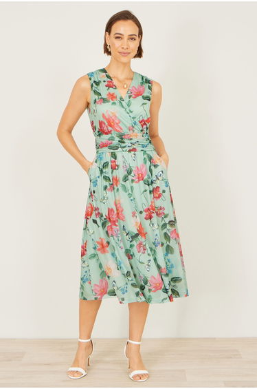 Yumi Mint Blurred Floral Mesh Wrap Midi Dress