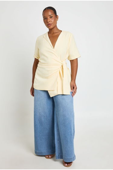 Plus Ruched Tie Side Short Sleeve Blazer - lemon
