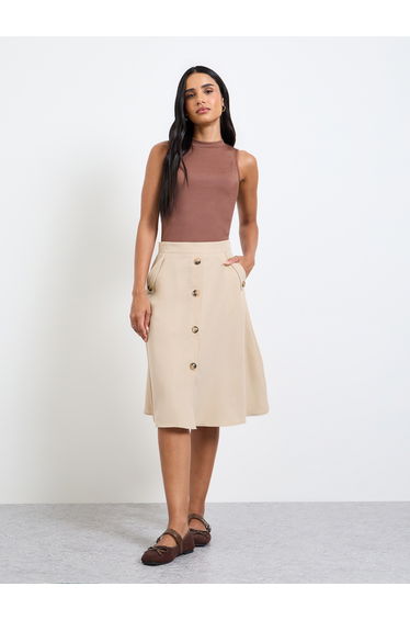 Beige Button-Front Midi Skirt