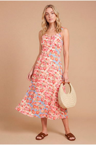 Lace Trim Tie Front Printed Midi Dresss