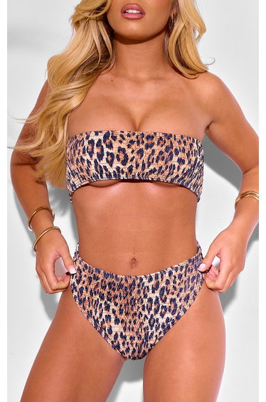 Brown Leopard Print Shirred High Waist Bikini Bottoms