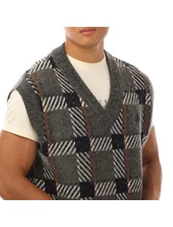 بلوزة رجالي محبوكة بطبعة كاروهات بلا أكمام - أخضر - 1