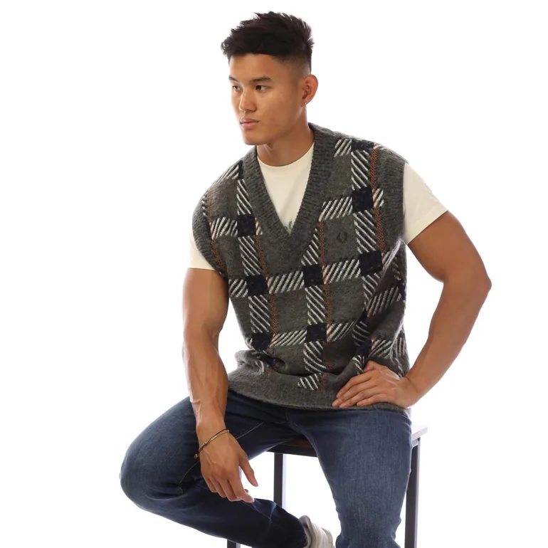 بلوزة رجالي محبوكة بطبعة كاروهات بلا أكمام - أخضر - 3