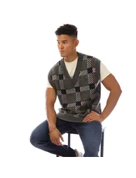 بلوزة رجالي محبوكة بطبعة كاروهات بلا أكمام - أخضر - 3