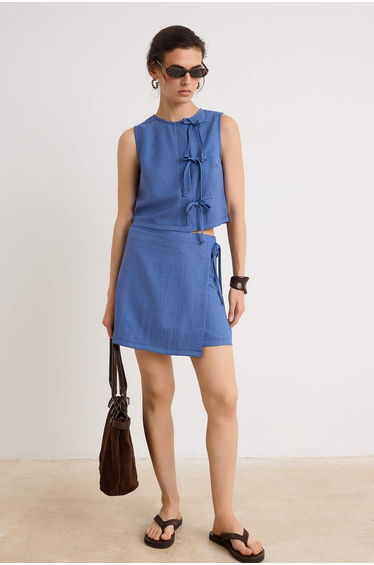 Indigo Linen Look Vest Skirt Woven Bottom&Top - Top Set