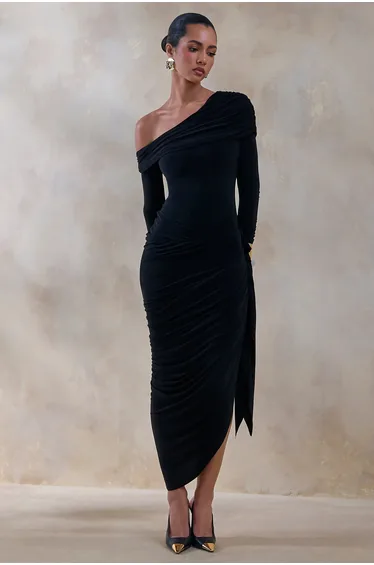 Franca | Black Asymmetric-Neck Midi Dress With Draped And Gathered Detailing
