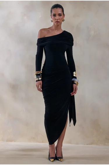 Franca | Black Asymmetric-Neck Midi Dress With Draped And Gathered Detailing