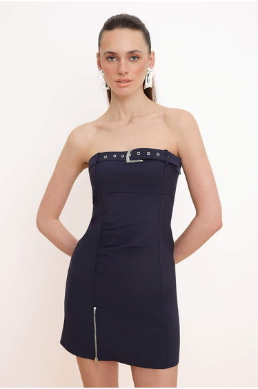 Navy Blue Belt Accessory Detail Strapless Short / Mini Woven Dress
