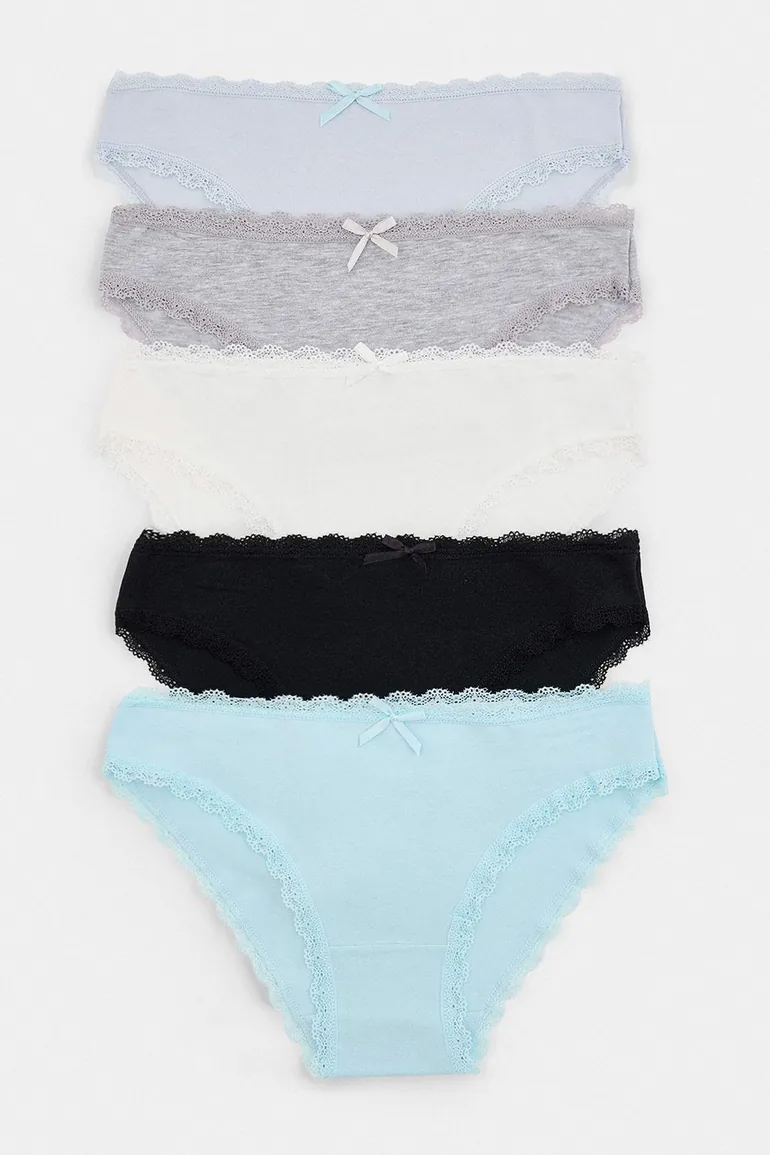 White-Multicolor 5-Piece Cotton Ribbon/ Bow Brazilian Panties