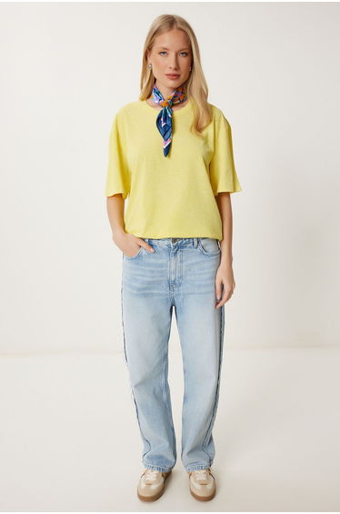 Women's Yellow Washed Basic Knitted T-Shirt