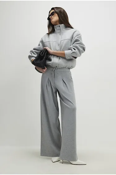 Grey Drawstring Wide Leg Trousers