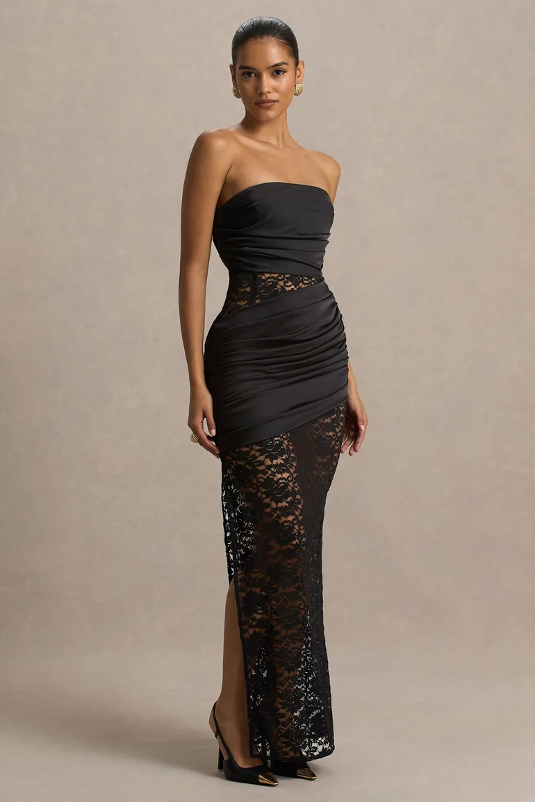 Dulcie | Black Lace Bandeau Maxi Dress With Wrap-Details - 3
