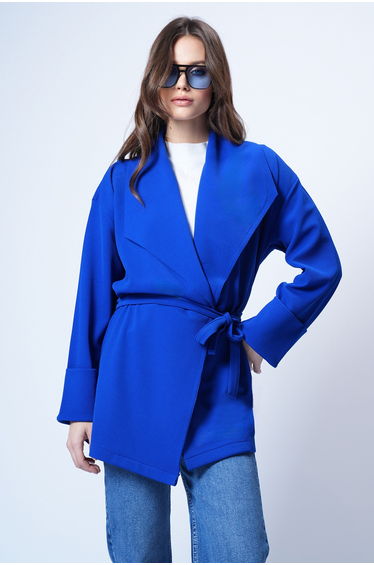 Women's Cobalt Shawl Collar Self Textured Belted Long Coat