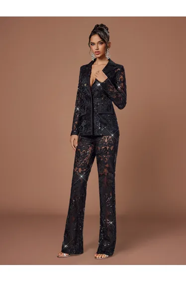 New elegant solid color bell pants high-end atmospheric lace suit