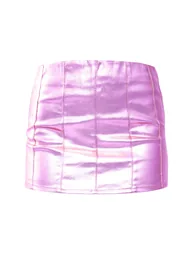 Pink Metallic Coated Denim Mini Skirt - 5