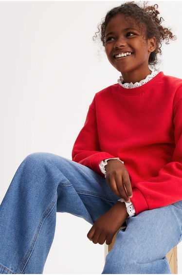 Cotton Mix Sweatshirt with Broderie Anglaise Collar/Cuffs