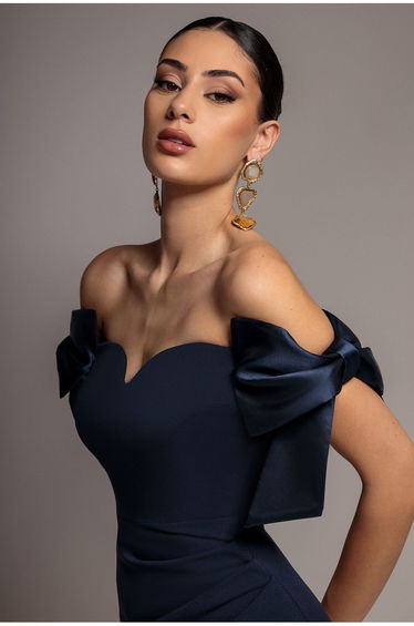 Satin Bow Bardot Sheath Maxi Dress - Navy Blue by Goddiva