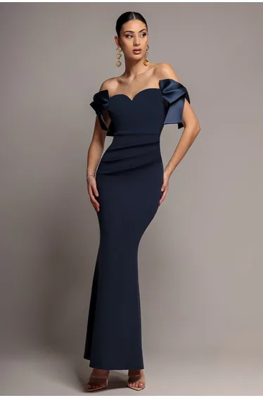 Satin Bow Bardot Sheath Maxi Dress - Navy Blue by Goddiva