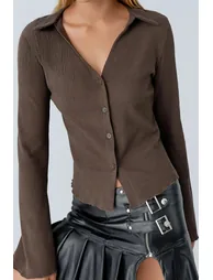 Long Sleeve Textured Blouse with Button Closure - 4