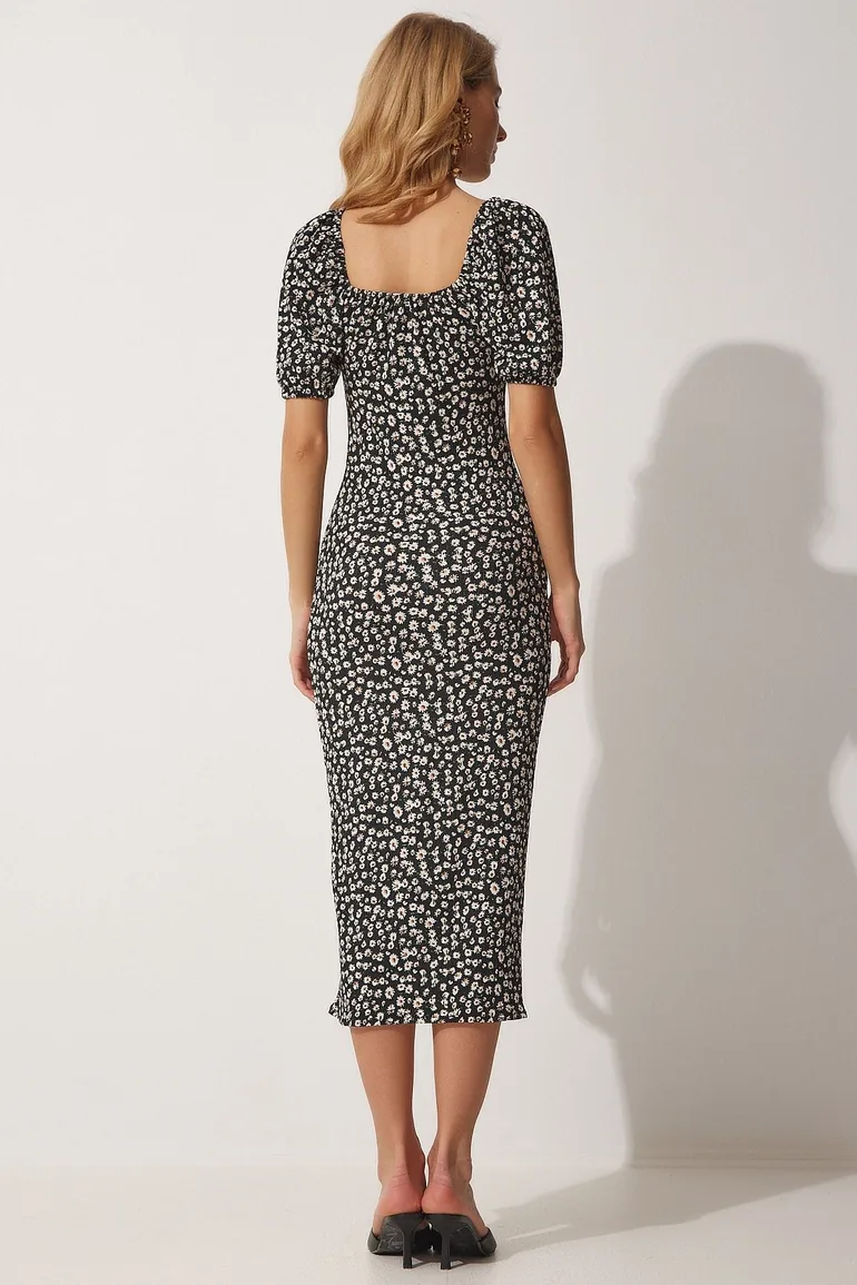 فستان ميداكسي ضيق بأكتاف مكشوفة بطبعة أزهار - أسود - 3