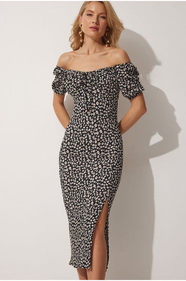 Black Floral Off-Shoulder Bodycon Midaxi Dress