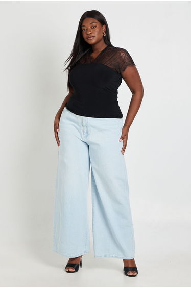 Plus Lace Insert V neck Top - black
