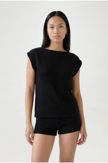 Sleeveless Slash Neck Long Line Top and Shorts Set - black