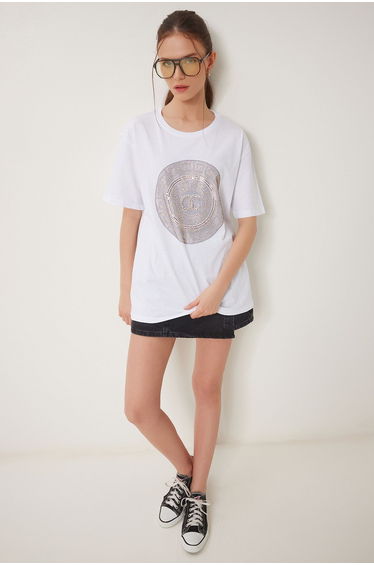Women's White Stylish Stone Knitted T-Shirt